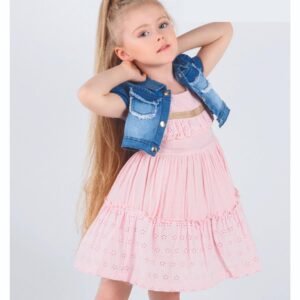 Girls Two Piece Layered Cotton Dress with Denim Shrug