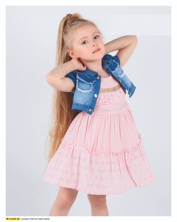 Girls Two Piece Layered Cotton Dress with Denim Shrug