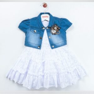 Girls Floral Embossed Layered Net Dress with Denim Shrug