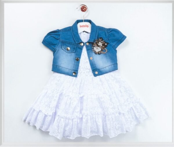 Girls Floral Embossed Layered Net Dress with Denim Shrug