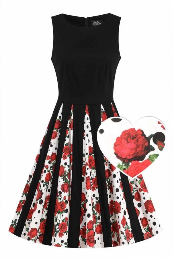 Judith Black Red Rose Print Skirt Retro Swing Dress - Image 3