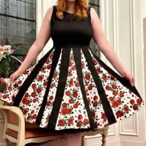 Judith Black Red Rose Print Skirt Retro Swing Dress