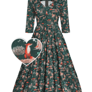Billie Long Sleeved Dark Green Woodland Print Dress