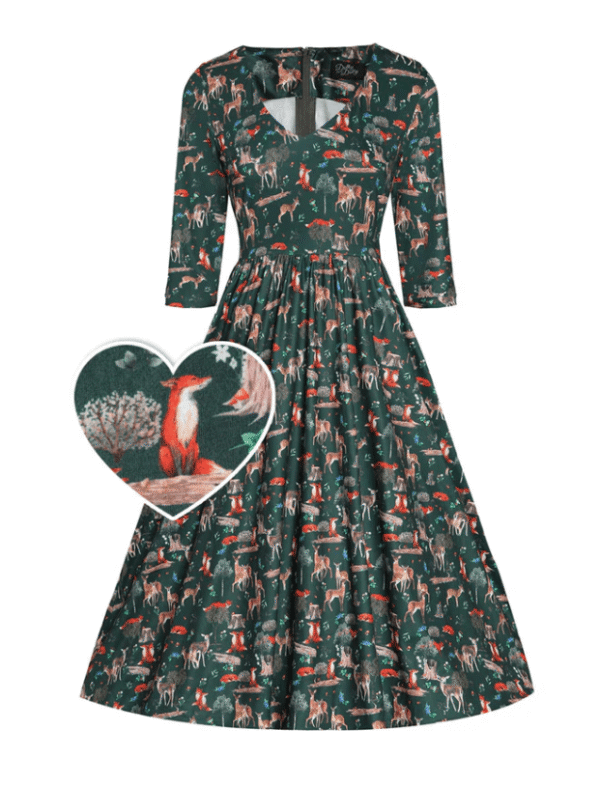 Billie Long Sleeved Dark Green Woodland Print Dress