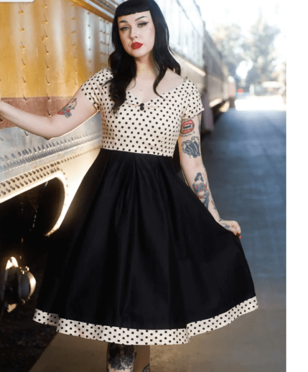 Lily Off Shoulder Cream Polka Dot Swing Dress - Image 3