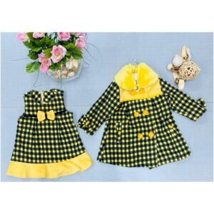 Girls Two Piece Check Bow Wooly Coat & Dress Set